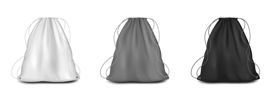 Backpack with strings mockup set, vector illustration. White, grey, black Stock Illustration