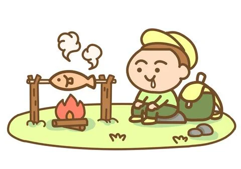 Backpacker are grilling fish by bonfire Illustrazione stock