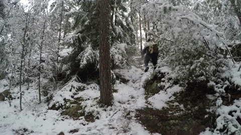 Backpacker climbing rocky path up and down Stock Footage 145949344