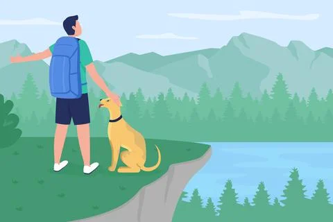 Backpacker with dog flat color vector illustration 스톡 일러스트