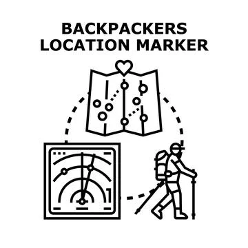 Backpacker finding travel destination using location marker Stockillustratie