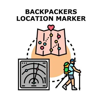Backpacker finding travel destination using location marker Stock Illustration