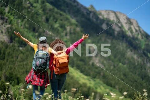 Backpacker Hiking Journey Travel concept with friends. Stock Photos