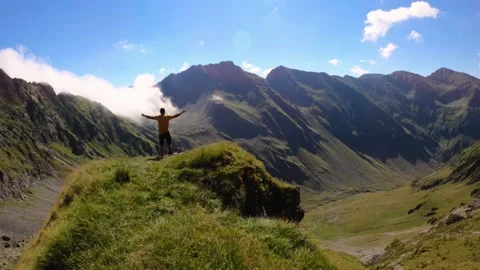Backpacker Hiking Man Open Arms On Mountain Peak Stock Footage 156904759