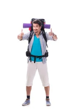 Backpacker with large backpack isolated on white Stockfoto's