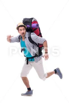 Backpacker with large backpack isolated on white Stock Photos