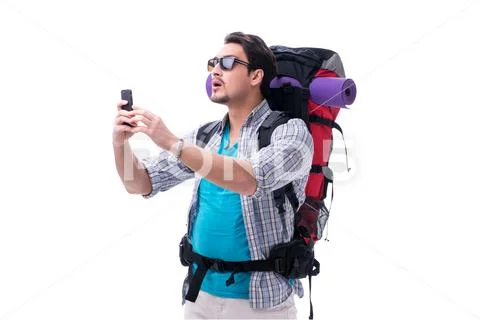 Backpacker with large backpack isolated on white Stock Photos