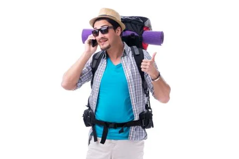 Backpacker with large backpack isolated on white Fotos Stock