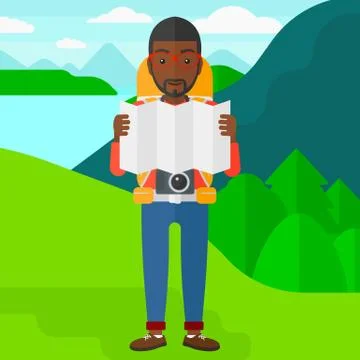 Backpacker looking at map Stock Illustration