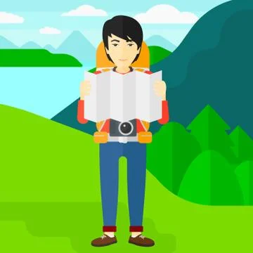 Backpacker looking at map Illustrazione stock