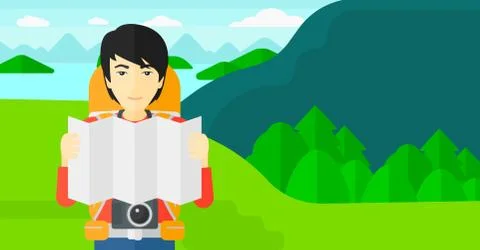 Backpacker looking at map Illustrazione stock