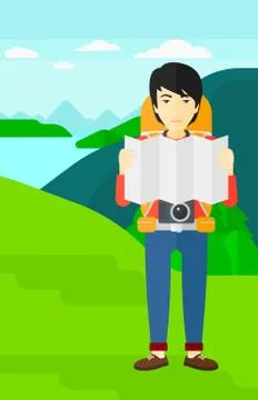 Backpacker looking at map Illustrazione stock