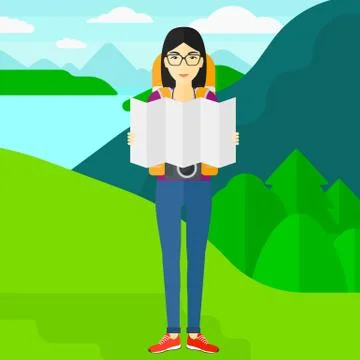 Backpacker looking at map Stock Illustration