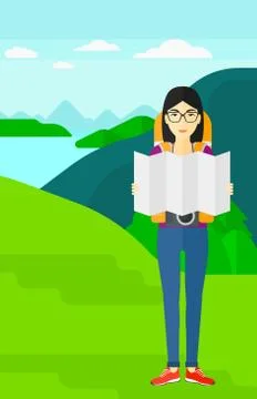 Backpacker looking at map Stock Illustration
