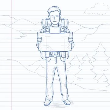 Backpacker looking at map Stock Illustration