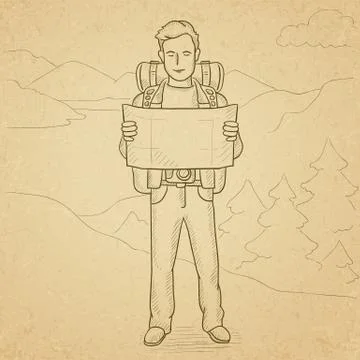 Backpacker looking at map Stock Illustration