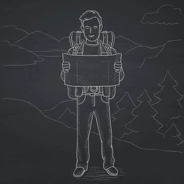 Backpacker looking at map Stock Illustration