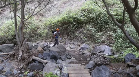 Backpacker man hiking in beautiful landscapes of Barranco del Infierno in Ten Stock Footage 68856415
