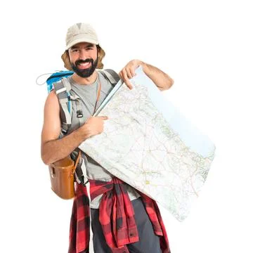 Backpacker with map over white background Fotos Stock
