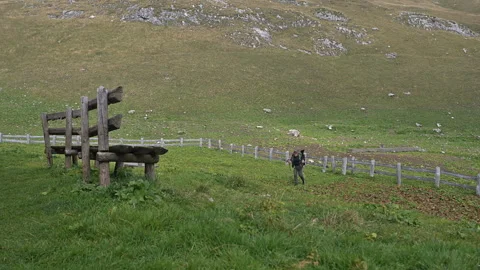 Backpacker on a meadow in the mountains walking towards the viewer Stock Footage 252644031
