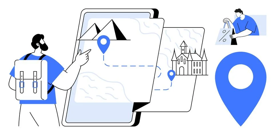 Backpacker pointing at digital map on mobile device showing mountains, castle Stock Illustration