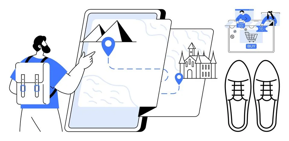 Backpacker pointing to digital map showing routes to mountains and castles, o Stock Illustration