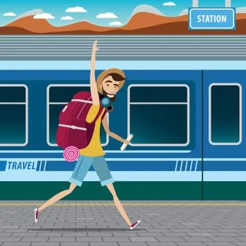 Backpacker at the railway station Illustrazione stock