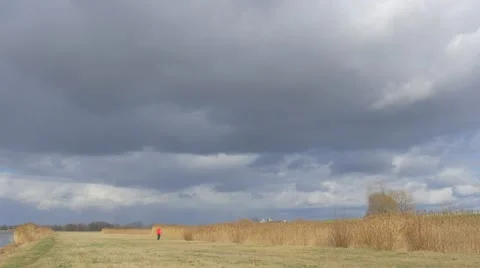 Backpacker in Red Jacket Walking by Dry Field Lit by Sun Thunderclouds Are Upon Stock Footage 60888860