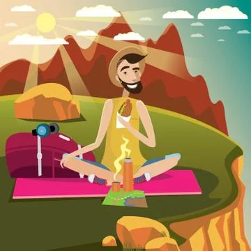 Backpacker rests on a grassland in the mountains Stock Illustration