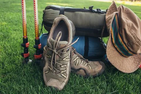 Backpacker set, on the green grass Фото
