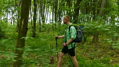 Backpacker walking in the forest. Stock Footage 76401157