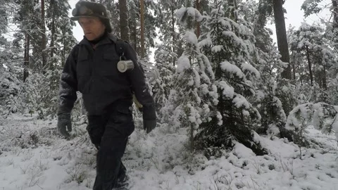 Backpacker walking past snowy trees Stock Footage 145951178