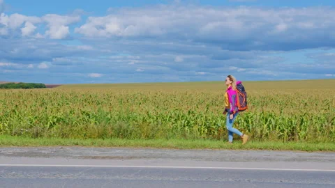 Backpacker walking on roadside near corn field Stock-Footage 306225645