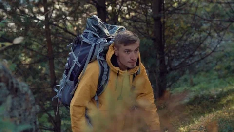 Backpacker walking uphill in woods Stock Footage 102530483