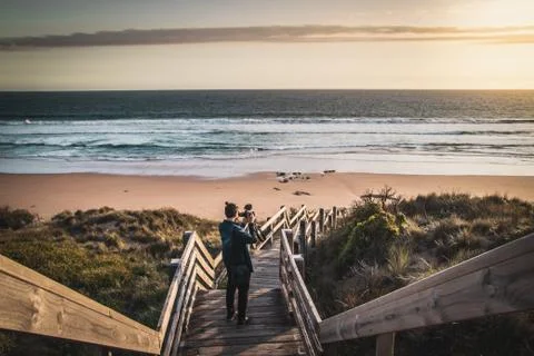 Backpacker on the way to the beach Stock Photos