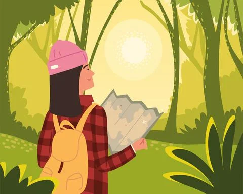 Backpacker woman with map Stock Illustration