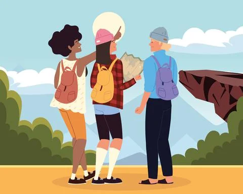 Backpackers explore nature Stock Illustration