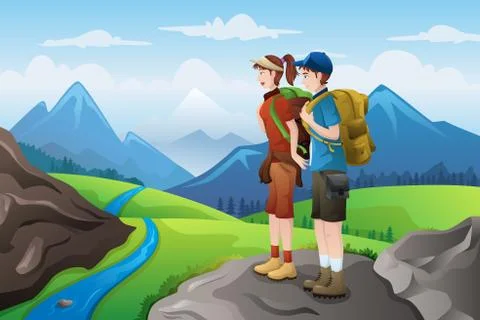 Backpackers on top mountains Illustrazione stock