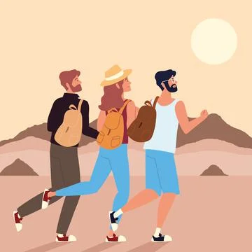 Backpackers walking desert Stock Illustration