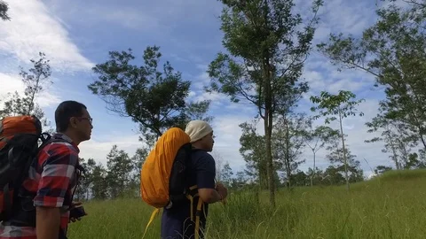 Backpackers walking on forest Stock Footage 92079185