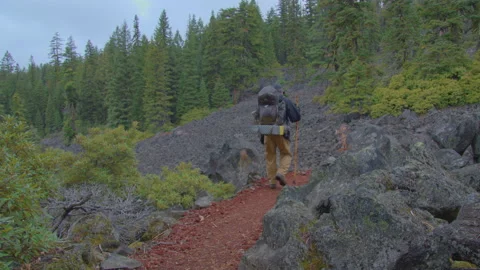 Backpacking across ancient lava flows on the Pacific Crest Trail, Oregon Stock Footage 169255696