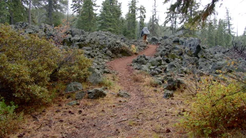 Backpacking across ancient lava flows on the Pacific Crest Trail, Oregon Stock Footage 169311381