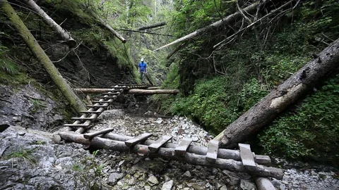 Backpacking hiker man going through rocky canyon Stock Footage 87634871