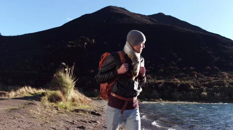 Backpacking through mountains front view Stock Footage 67973843