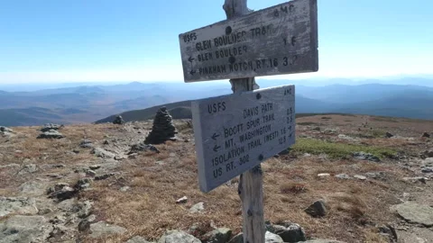 Backpacking to Trail Sign on Mountain Summit Stock Footage 233674474
