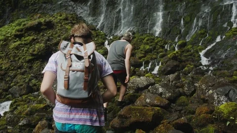 Backpacking To A Waterfall Stock Footage 75253626