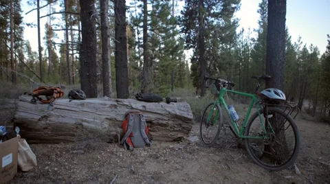Backpacks and bicycle in forest Stock Footage 49013226