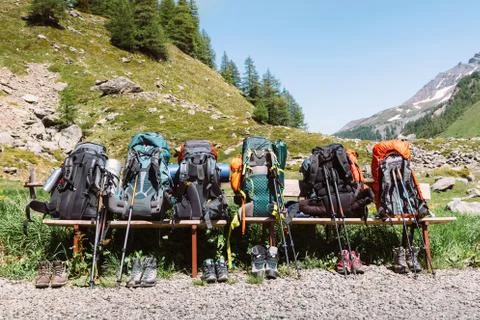 Backpacks and boots for hiking in the mountains. The concept of digital detox Stock Photos