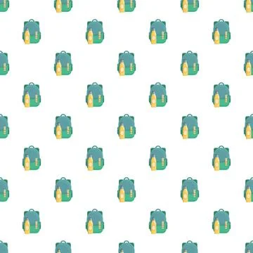 Backpacks and bottles seamless pattern for adventure travel Stock Illustration