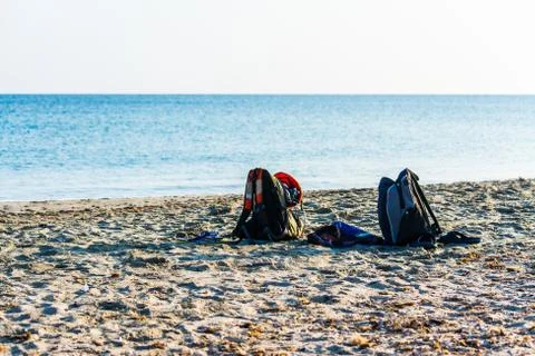 Backpacks on the beach Stock Photos